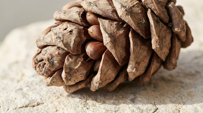 Detailed close-up of a pine nut cone with seeds on a stone surface