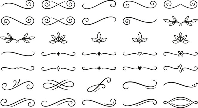 Hand drawn flourish and swash set with calligraphy lines, elegant ink curves, vintage scroll ornaments, doodle swirls, text underlines and vector illustration