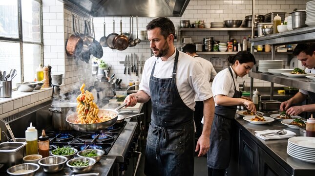 Chef tossing pasta in pan in a professional kitchen. Kitchen team plating meals for restaurant service. Culinary preparation and food service. Hospitality teamwork and restaurant cooking.