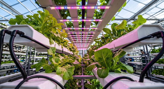 Low-angle perspective down an aisle of a modern indoor vertical farm featuring leafy green plants growing in hydroponic channels under pink LED grow lights
