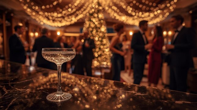 Champagne coupe on a marble bar at an elegant Christmas party with warm fairy lights, festive bokeh, and guests socializing in the background