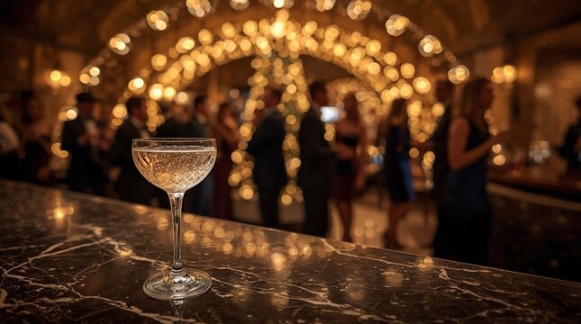 Champagne coupe on a marble bar with golden bokeh lights and elegantly dressed guests celebrating at a festive Christmas party