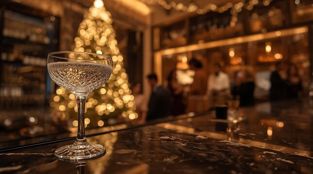 Elegant champagne coupe on a marble bar with blurred Christmas tree lights and guests at a festive holiday party
