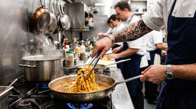 Chef tossing pasta in a pan at a busy restaurant kitchen. Cooks preparing dishes during service. Pasta preparation and restaurant cuisine. Professional culinary teamwork.