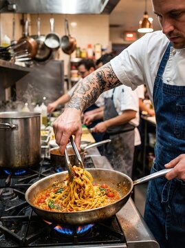 Chef tossing pasta in sauce at a busy restaurant stove. Cooks working in a professional kitchen. Italian cuisine and food service. Restaurant cooking, culinary craft and meal preparation.