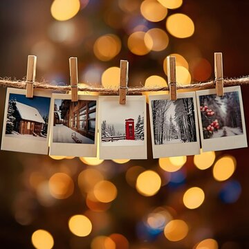 Christmas party photo display with winter instant prints clipped on twine and warm bokeh holiday lights in the background