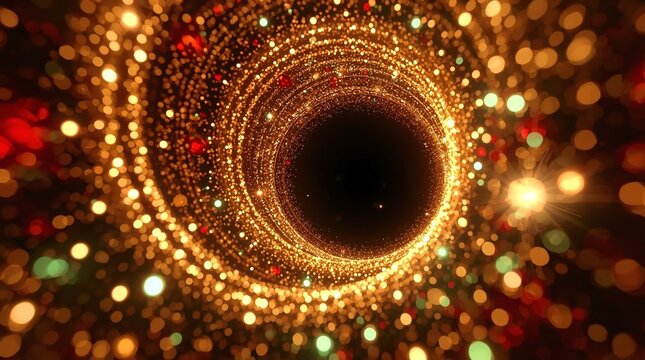 Golden Christmas bokeh swirl background with sparkling lights, festive glow, and dark center copy space