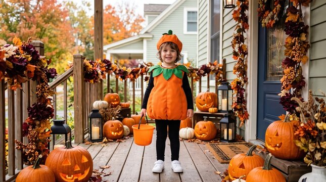 Child in pumpkin costume holding an orange bucket on a porch decorated for Halloween. Halloween celebration and trick-or-treating. Autumn family holiday tradition. Seasonal costume party.