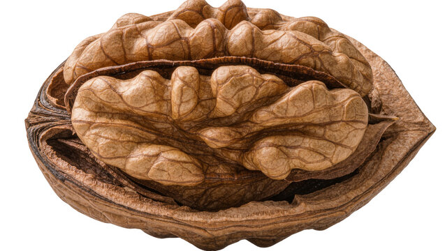 Cracked open walnut with textured brown shell and kernel, isolated on transparent background