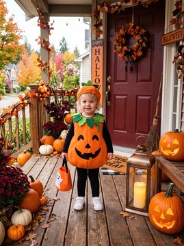 Young child in pumpkin costume holding trick or treat bag on Halloween decorated porch. Halloween celebration and autumn tradition. Childhood costume party and trick or treating.