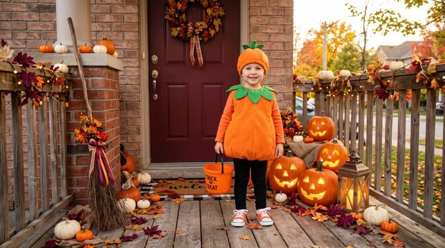 Child in pumpkin costume holding trick-or-treat bucket on decorated porch. Halloween celebration and costume tradition. Trick-or-treating and family holiday. Autumn festivities.