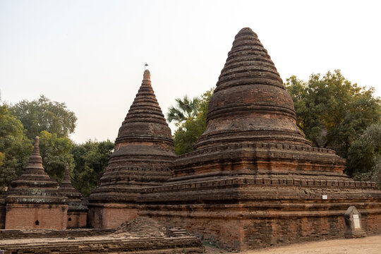 Two Brick Bell Stupas at Golden Hour, Bagan