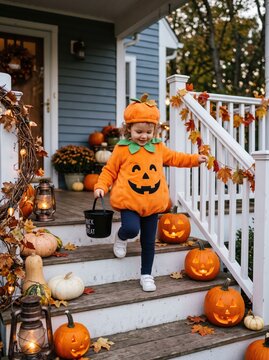 Toddler in pumpkin costume carrying trick-or-treat bucket on decorated porch steps. Halloween dress-up and candy collection. Autumn holiday celebration. Childhood seasonal tradition.