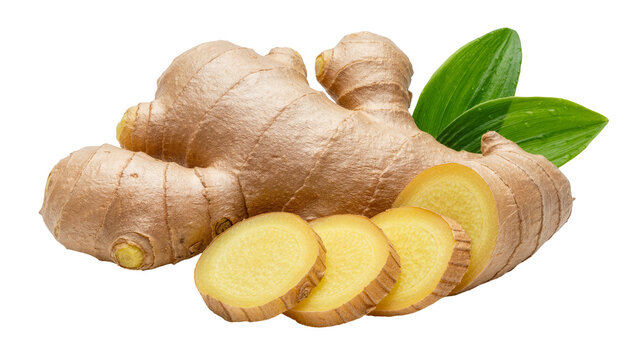 Whole and sliced ginger root with green leaves, isolated on transparent background