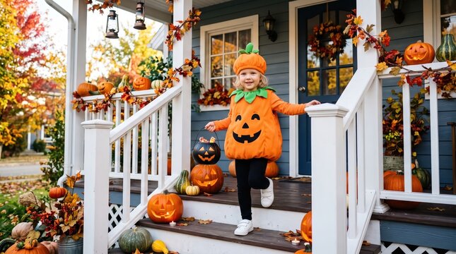 Child in pumpkin costume carrying a trick-or-treat bucket on an autumn-decorated porch. Halloween celebration. Costume party and seasonal family tradition. Festive fall home decor.