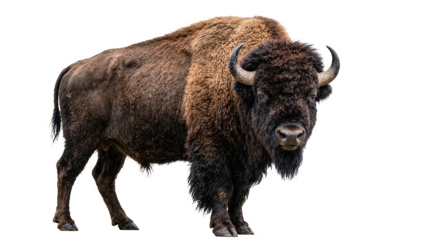 Majestic American bison with thick brown fur horns and beard, isolated on transparent background