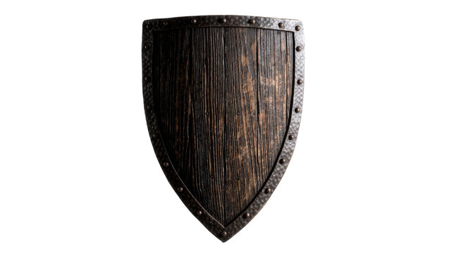 Dark wooden medieval kite shield with metal rivets, isolated on transparent background