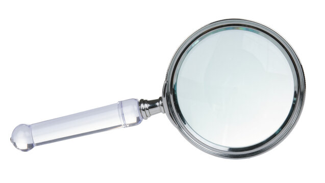 Magnifying glass with clear handle and chrome rim, isolated on transparent background