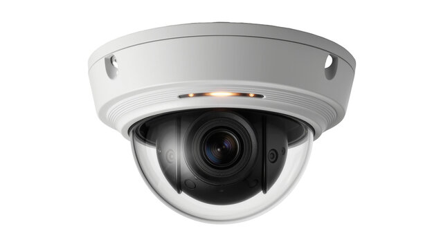 White dome security camera with clear protective casing, isolated on transparent background