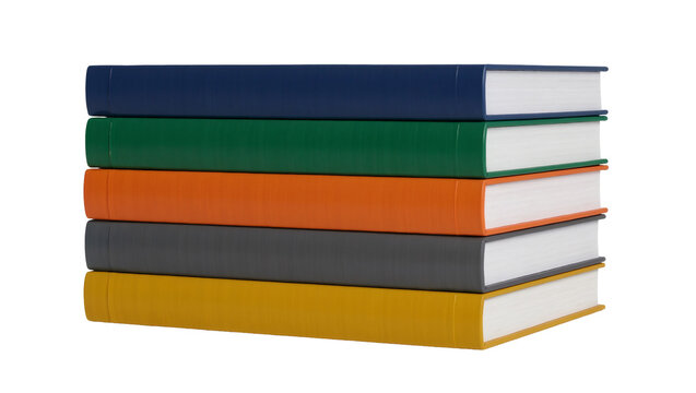 Stack of five hardcover books in different colors, isolated on transparent background