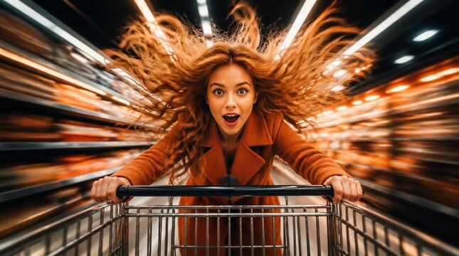 Excited holiday shopper speeding through a supermarket aisle with motion blur lights, festive Christmas shopping background concept