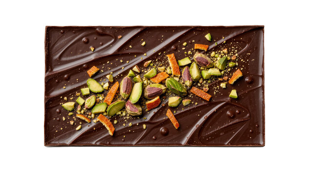 Dark chocolate bar with pistachios and orange peel, isolated on transparent background