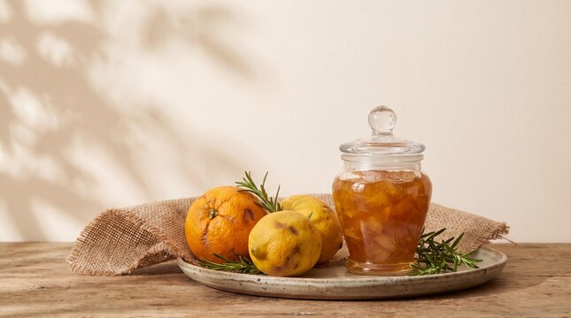 eco-friendly branding, an elegant reusable jar of fruit preserve next to imperfect citrus and herbs