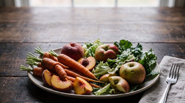 elegant food presentation, a vibrant platter showcases elegantly arranged imperfect fruits and vegetables