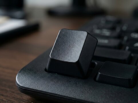 Single black keyboard keycap resting on a textured desk surface with computer parts
