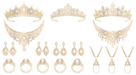 Golden ornate tiaras necklaces and earrings for royalty. © Ojufa