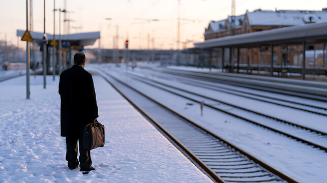 A businessman stand alone on a snowy platform at a railway station during winter, holding a briefcase and wait for a train in the cold