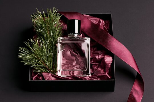 Unlabelled cologne bottle with black cap in an open black gift box, burgundy tissue paper, evergreen branch, and trailing ribbon on dark background