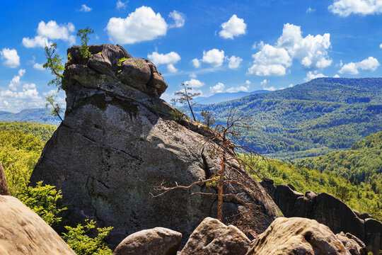 View of the natural stone monoliths known as Rocks of Dovbush in the Ivano-Frankivsk region of Ukraine