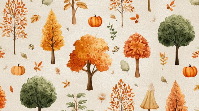 Autumnal trees and pumpkins form a delightful pattern, presenting a warm, cozy feel perfect for seasonal designs