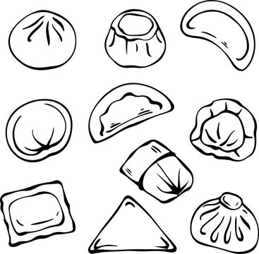 World dumplings sketch set including gyoza khinkali and pelmeni for food menu vector illustration