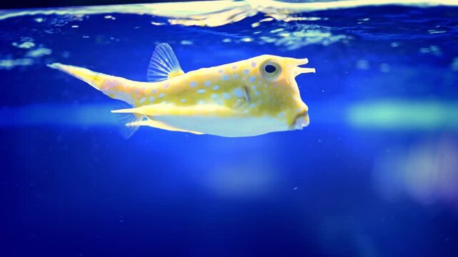 Yellow Cowfish Turning Beneath the Aquarium Surface