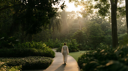 Fototapeta premium A serene woman walk alone along a lush green park path under soft morning sun rays shining through tall trees in peaceful nature landscape