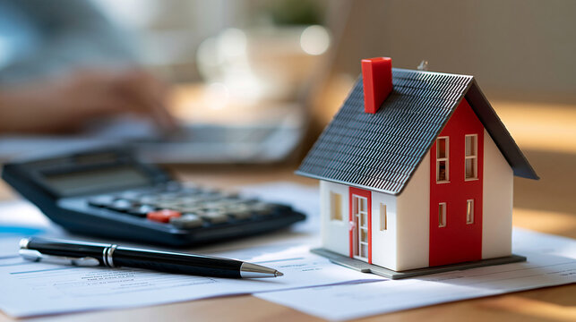 Close-up of a miniature house beside a calculator, pen and financial forms, mortgage application, property financing, loan approval, home buying process, with copy space