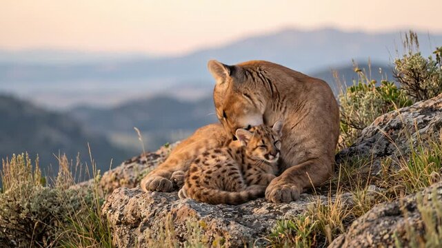 mountain lion with little one close up at morning light in yellowstone national park wyoming video