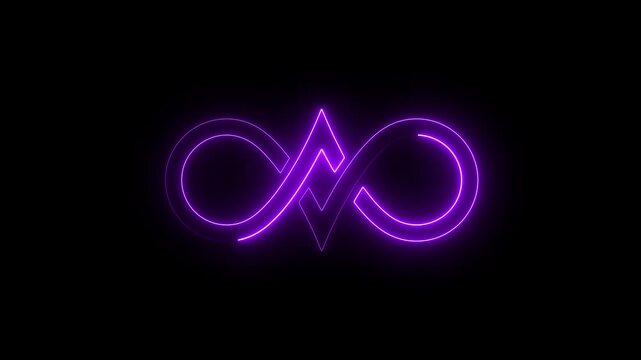Glowing purple neon infinity symbol with heartbeat pulse line on black background, looping animation for modern