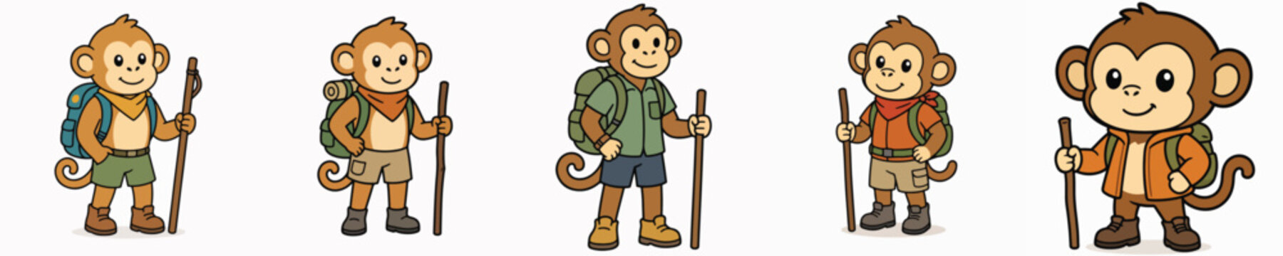 A set of cute monkey vectors dressed for hiking and ready for adventure.