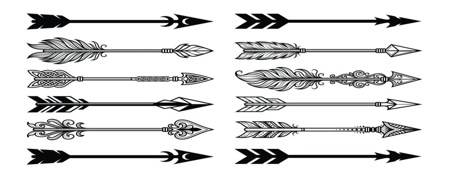 Set of various decorative arrows with feathers, geometric shapes, and tribal patterns, black and white on white background