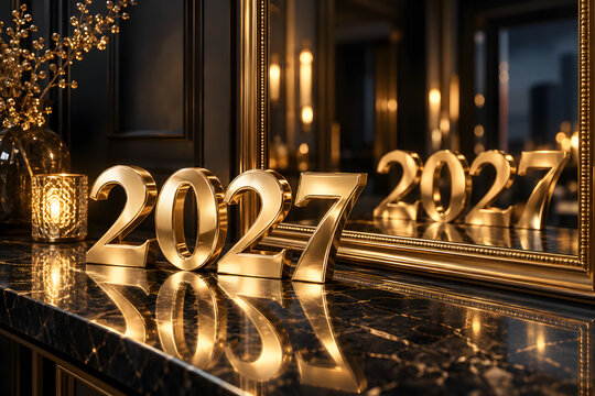 Luxury golden 2027 numbers reflected in a premium mirror, creating an elegant New Year concept with warm light, dark interior and sophisticated advertising appeal.