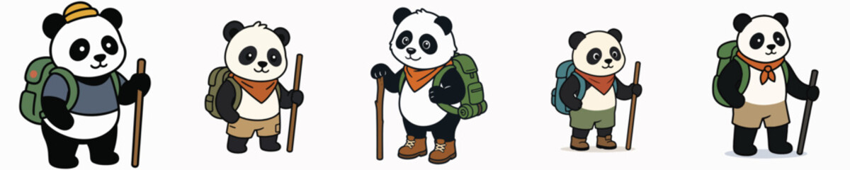 A set of cute panda vectors dressed for hiking and ready for adventure. © Monte Carlo