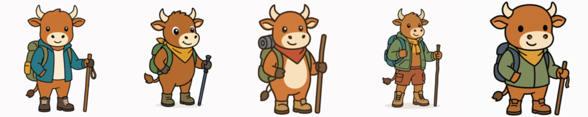Obraz premium A set of cute bull vectors dressed as hikers and ready for adventure.