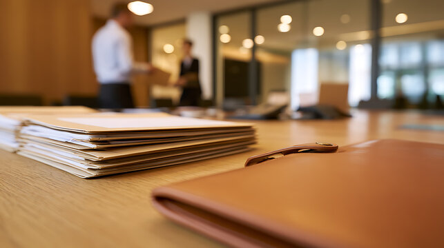 A neat stack of document folders sit on a wooden office desk in a bright corporate workspace while business people stand in the blur background
