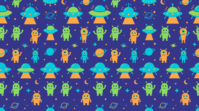 Seamless Cartoon Alien Space Pattern Wallpaper Design for Kids Nursery Background Vector Illustration