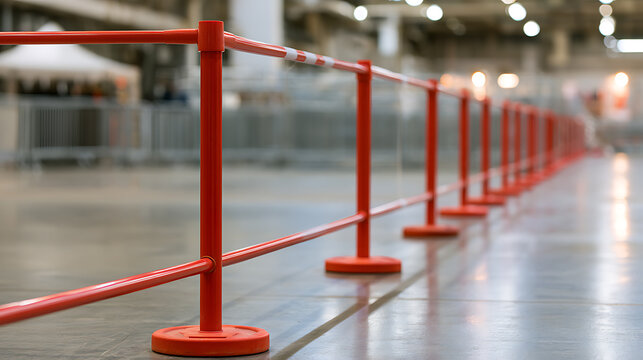 Red queue barrier post and rope system in a large indoor hall for crowd control management during public events and commercial venues