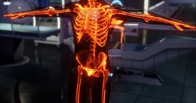 A visual representation showcases the human skeletal system, highlighting bones and joints in a clinical environment. The skeleton is illuminated to enhance anatomical features and understanding.