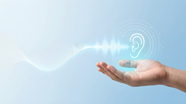 Open hand catching glowing digital sound waves with an ear icon on a blue background, hearing technology concept, digital communication, auditory health.